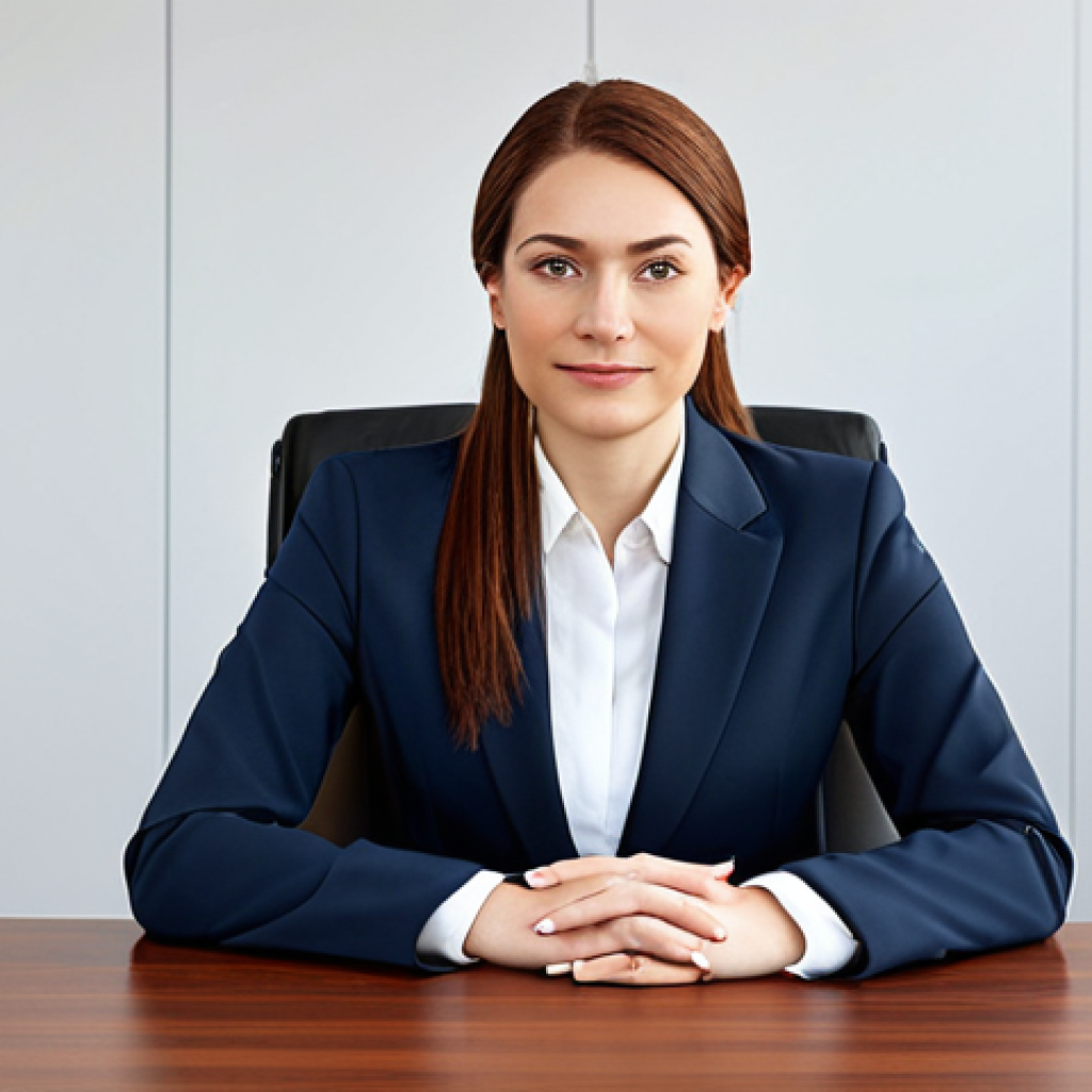 ** A professional businesswoman in a modest business suit, sitting at a desk in a modern office, fully clothed, appropriate attire, safe for work, perfect anatomy, natural proportions, professional photography, high quality.

**