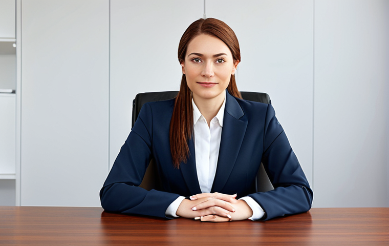 ** A professional businesswoman in a modest business suit, sitting at a desk in a modern office, fully clothed, appropriate attire, safe for work, perfect anatomy, natural proportions, professional photography, high quality.

**