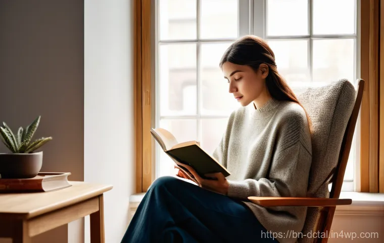 포스트 디지털 라이프스타일의 심리적 장점 - **Prompt:** A serene young woman, aged 25-30, is deeply engrossed in reading a physical book while c...