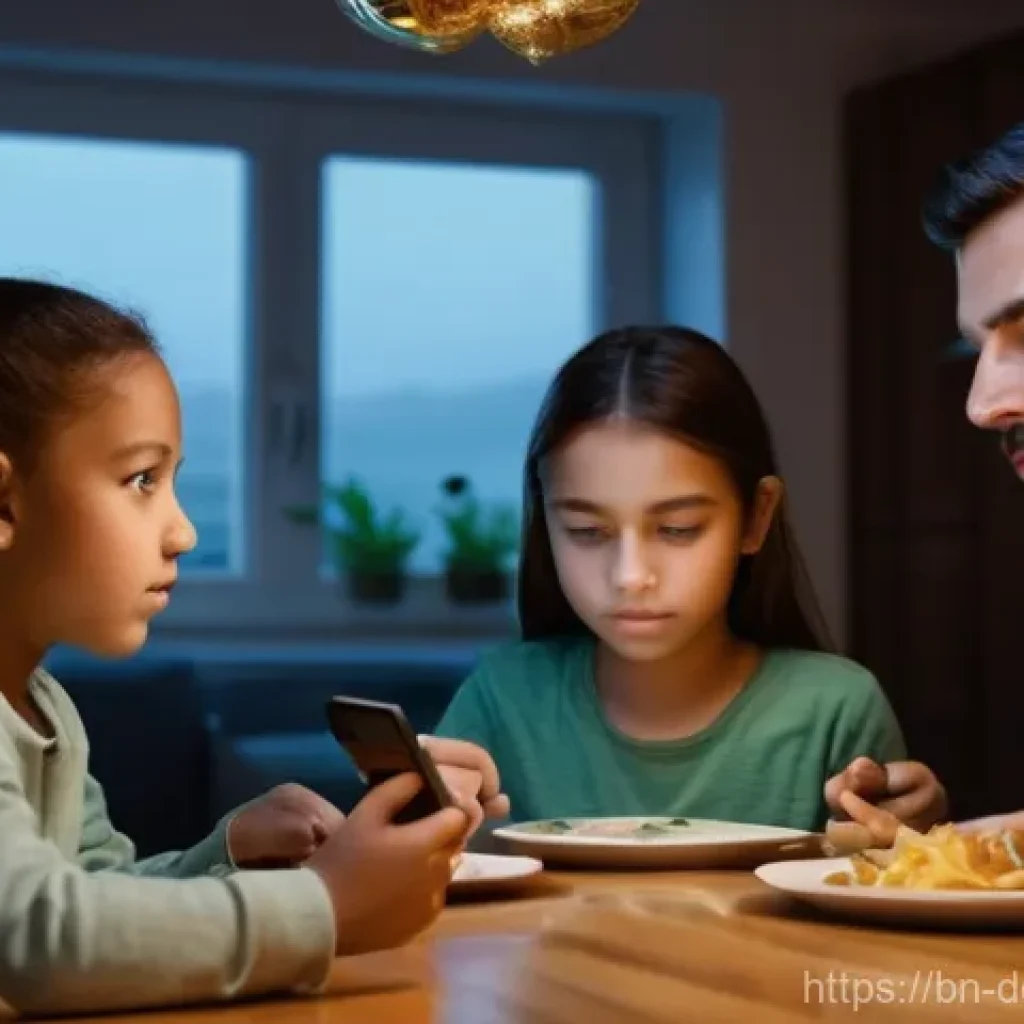 사회적 연결을 위한 포스트 디지털 라이프스타일 - **Prompt:** A family of four (parents, a teenage son, and a pre-teen daughter), dressed in modest, c...