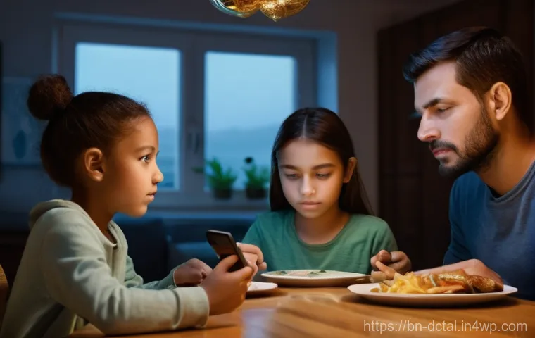 사회적 연결을 위한 포스트 디지털 라이프스타일 - **Prompt:** A family of four (parents, a teenage son, and a pre-teen daughter), dressed in modest, c...