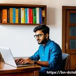 Home 21 디지털 체험의 가치를 재조명하기 - A modern Bengali home office scene featuring a young Bengali professional working from home using a ...