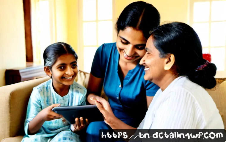 디지털 미디어의 긍정적 활용 사례 - Photorealistic scene of a Bengali family in a bright, modest living room using a tablet for an onlin...